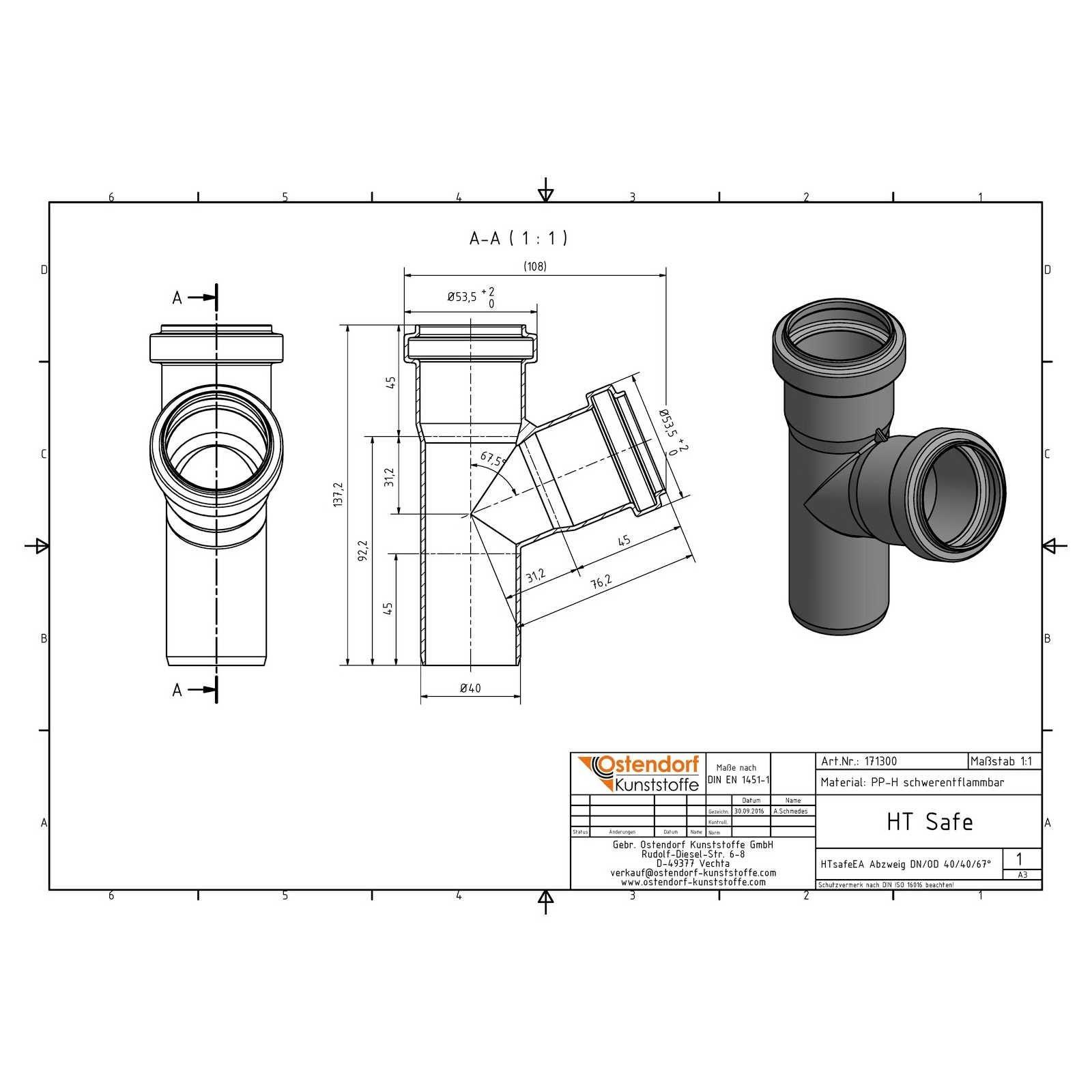 HTsafeEA Abzweig DN/OD 40/40 67,5 Grad