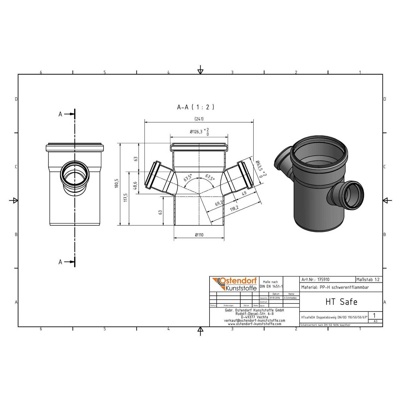 HTsafeDA Doppelabzweig DN 110/50/50 67,5 Grad – Bild 2 von 2