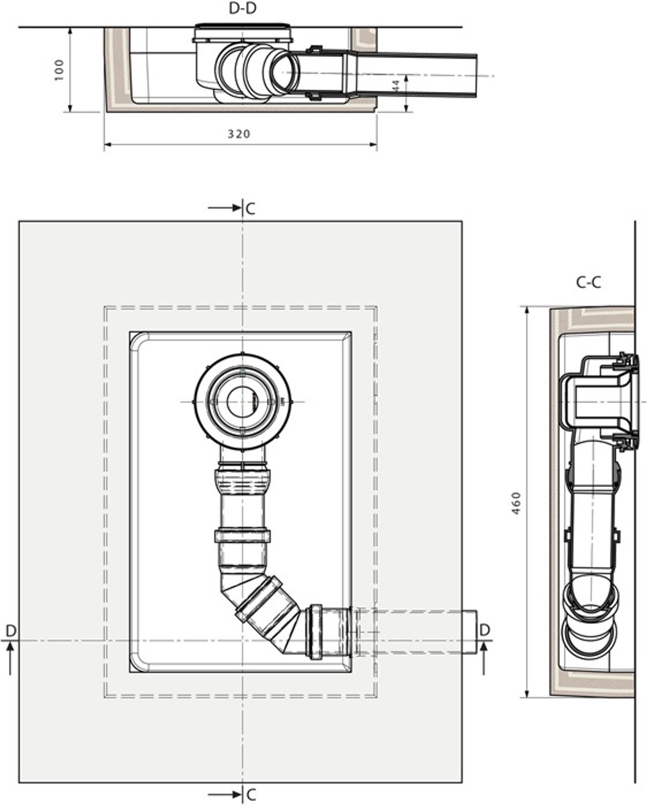Ablaufbox groß, DN50, 460x320x100mm, rechts oder links verwendbar – Bild 3 von 4