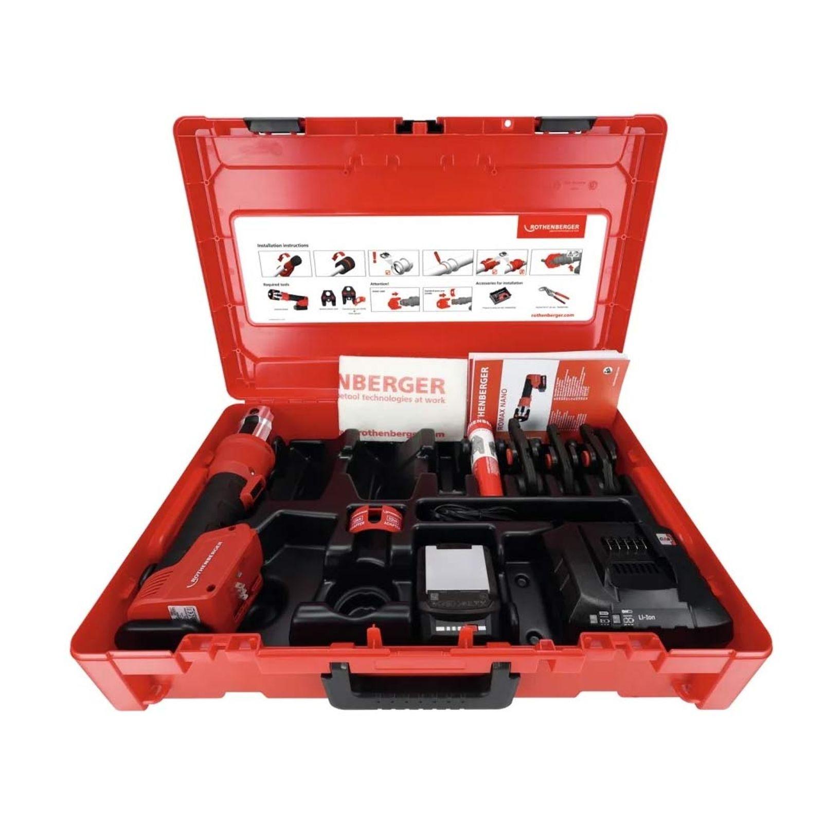 Rothenberger ROMAX NANO iJAWs Hybrid-Pressmaschine Set, SV, 15-22-28mm + Akku 2Ah, CAS