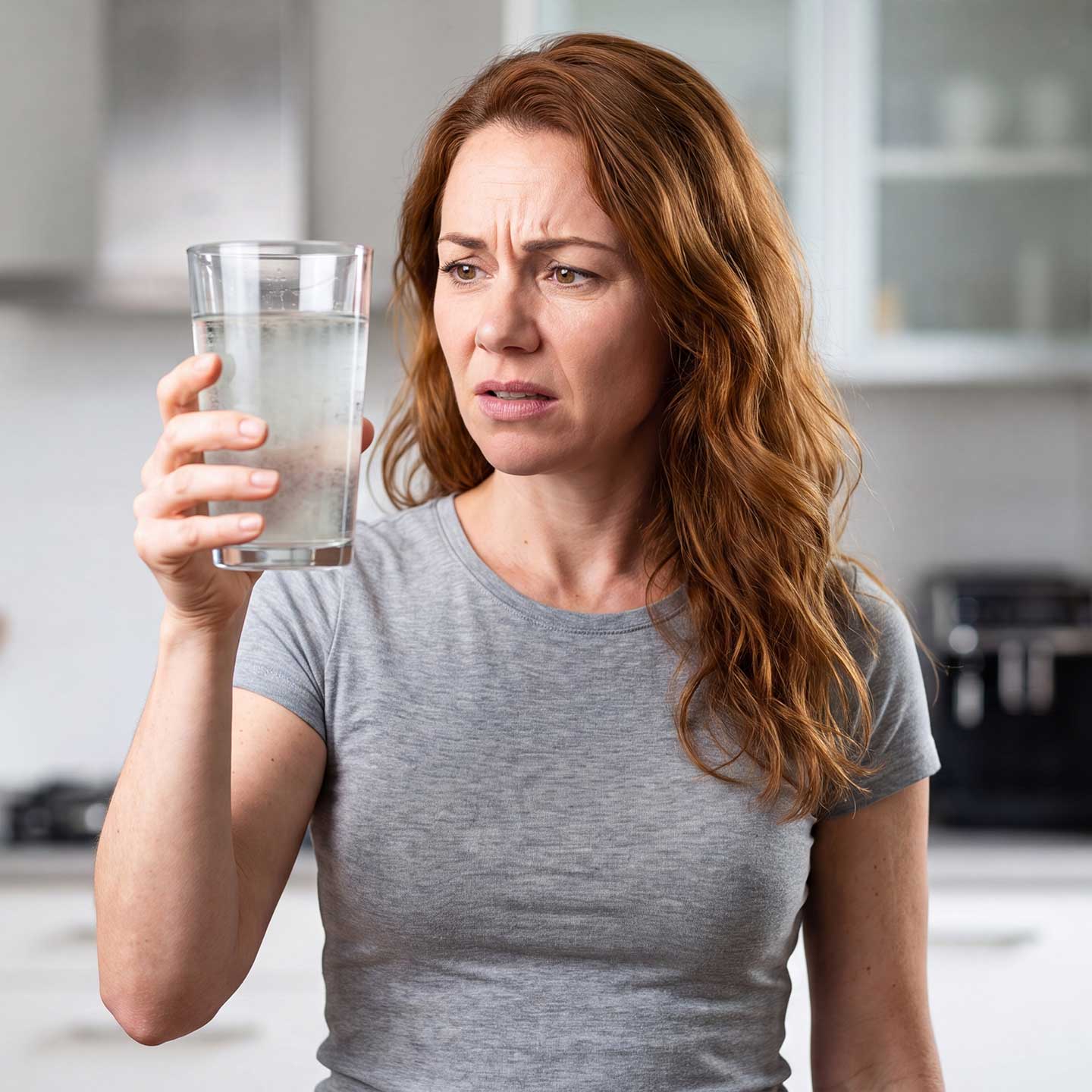 Mit KI generiert: Wasseraufbereitung - Frau prüft skeptisch trübes Leitungswasser in der Küche