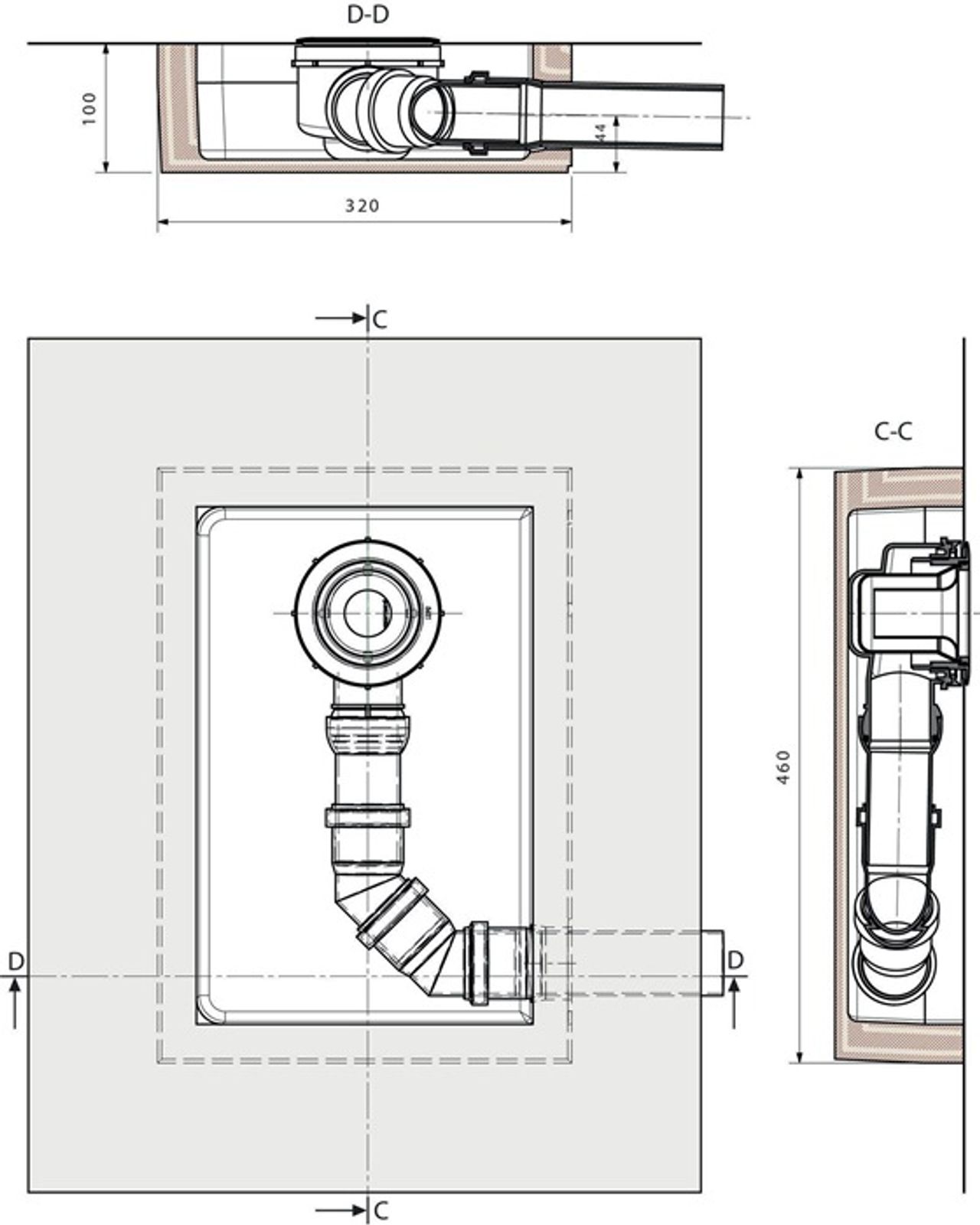 Ablaufbox groß, DN50, 460x320x100mm, rechts oder links verwendbar – Bild 4 von 4