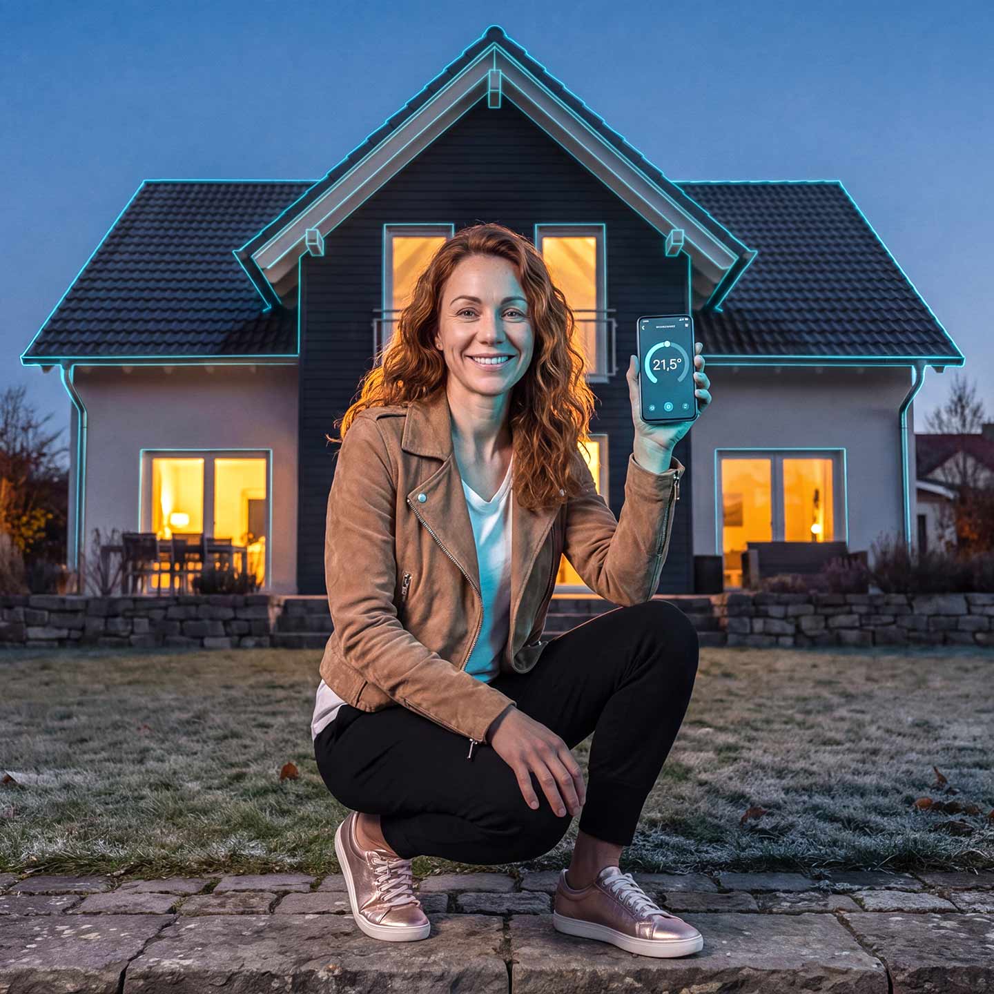 Mit KI generiert: Frau vor ihrem Smart Home