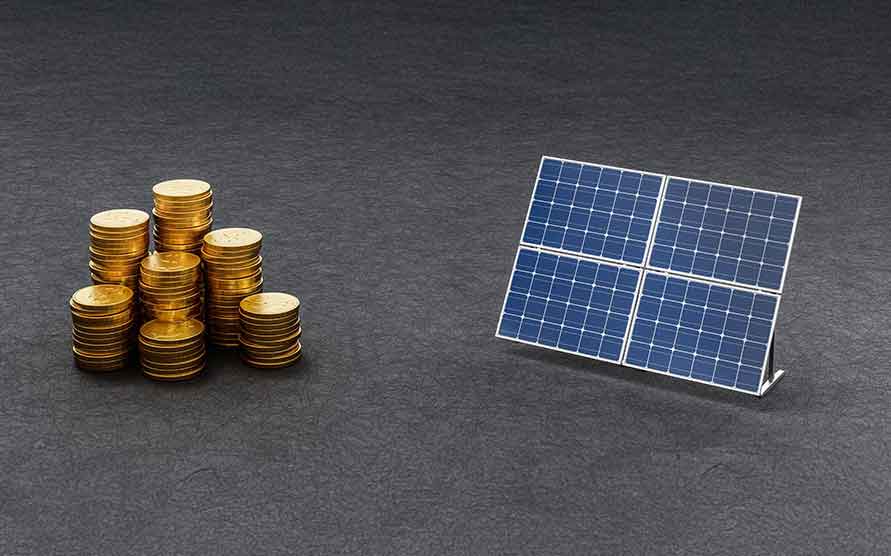 PV-Modul und Geldmünzen daneben