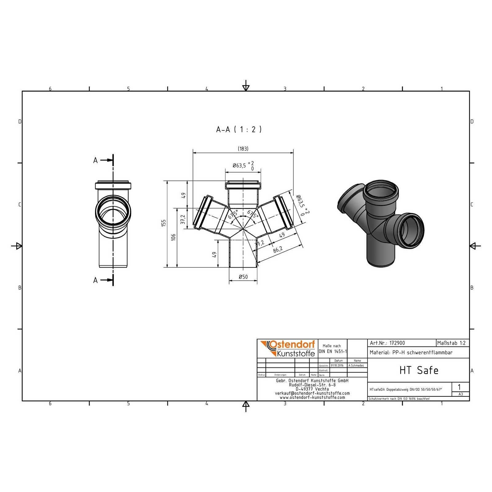 HTsafeDA Doppelabzweig DN 50/50/50 67,5 Grad – Bild 2 von 2