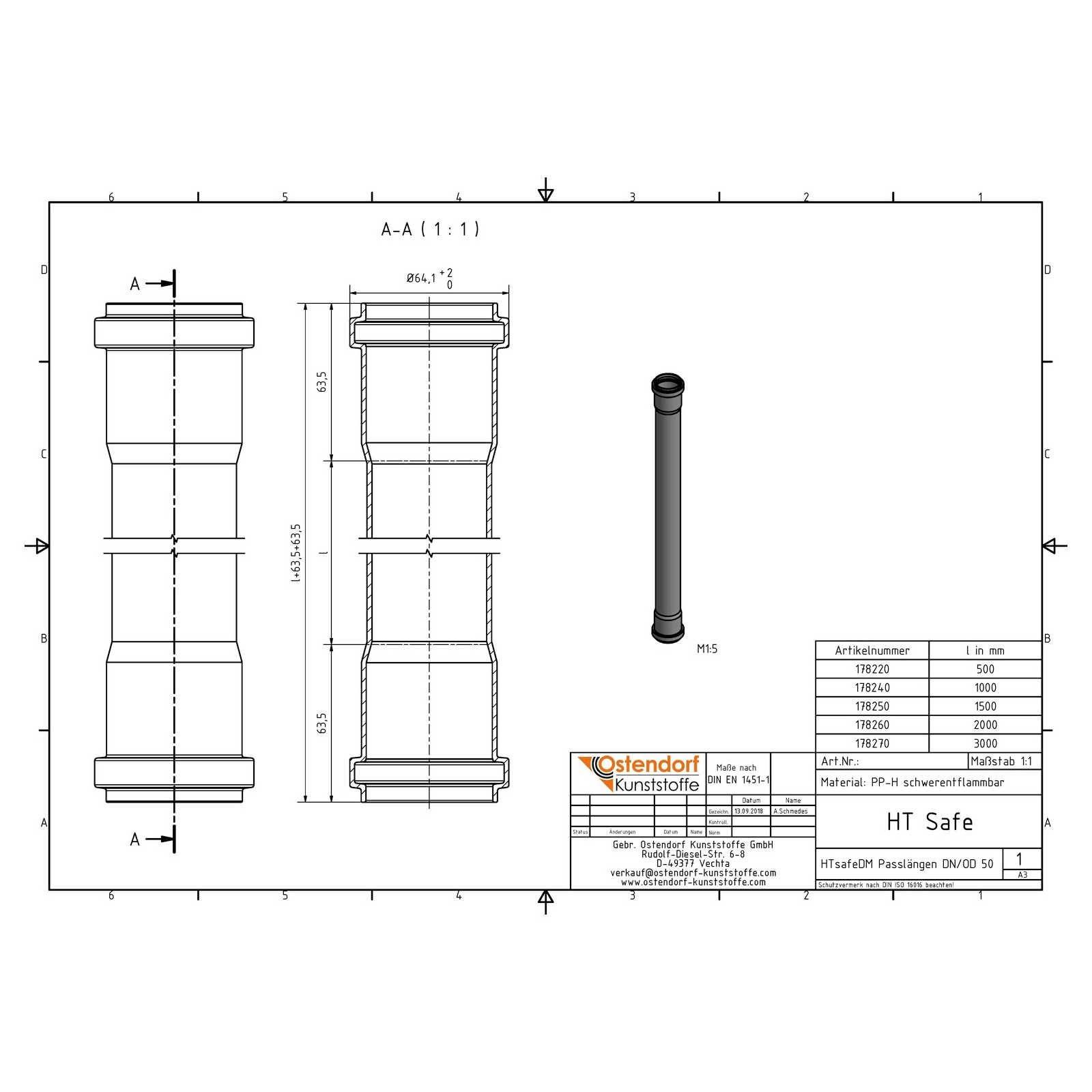 HTsafeDM Rohr DN 50 x 1000 mm mit zwei Muffen – Bild 2 von 2