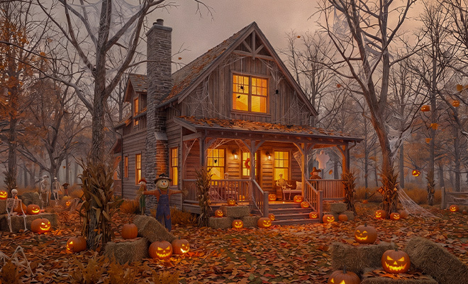 Haus im Wald mit Halloween Deko