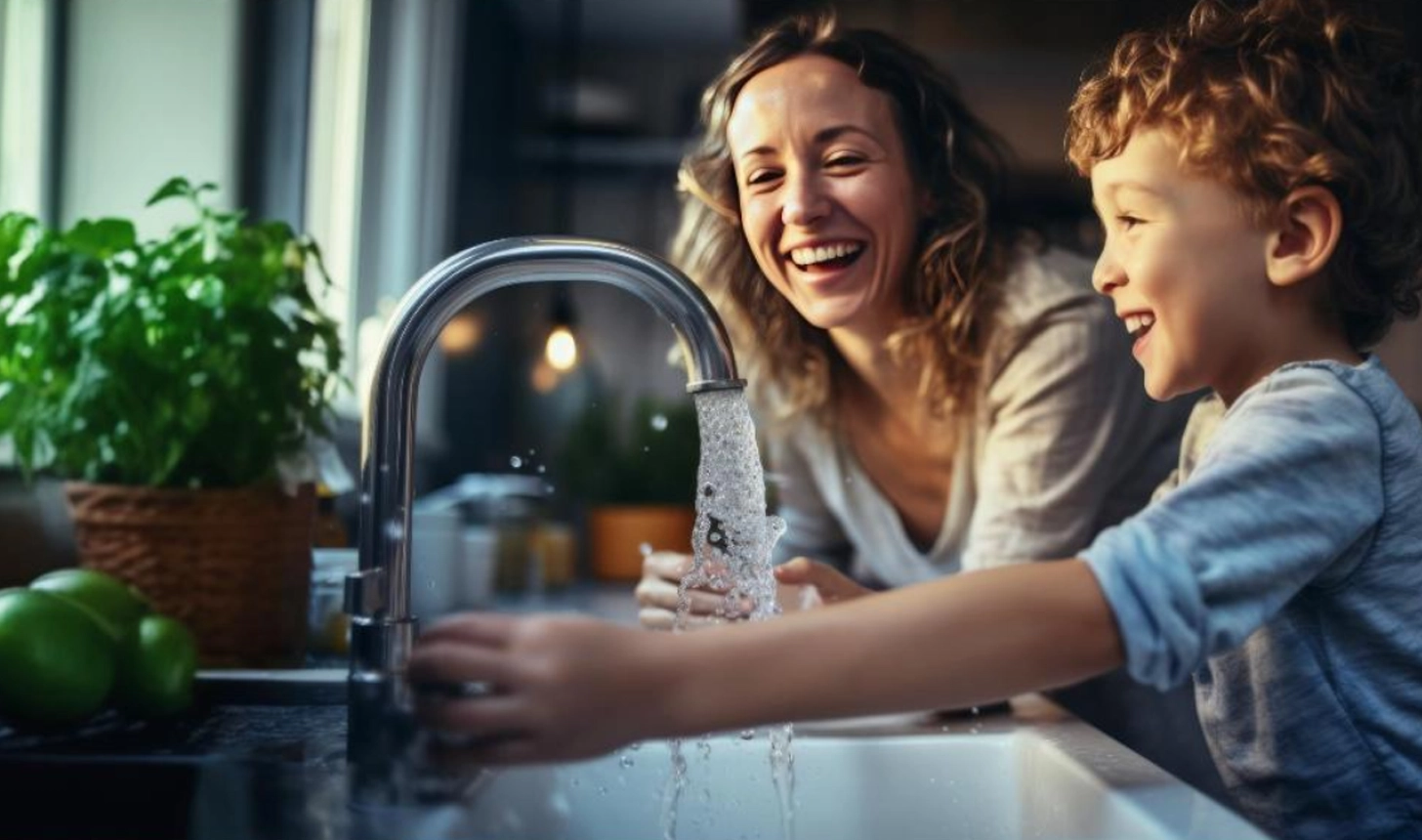 Mutter und Sohn am Wasserhahn