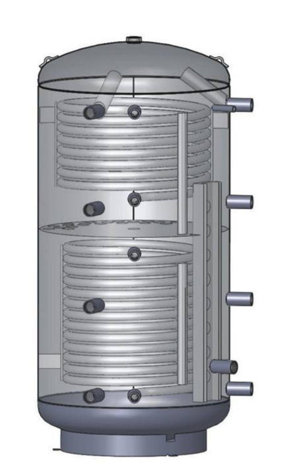 Schicht-Pufferspeicher PZRR 1000 Liter mit zwei Rohrregistern und 100 mm Isolierung