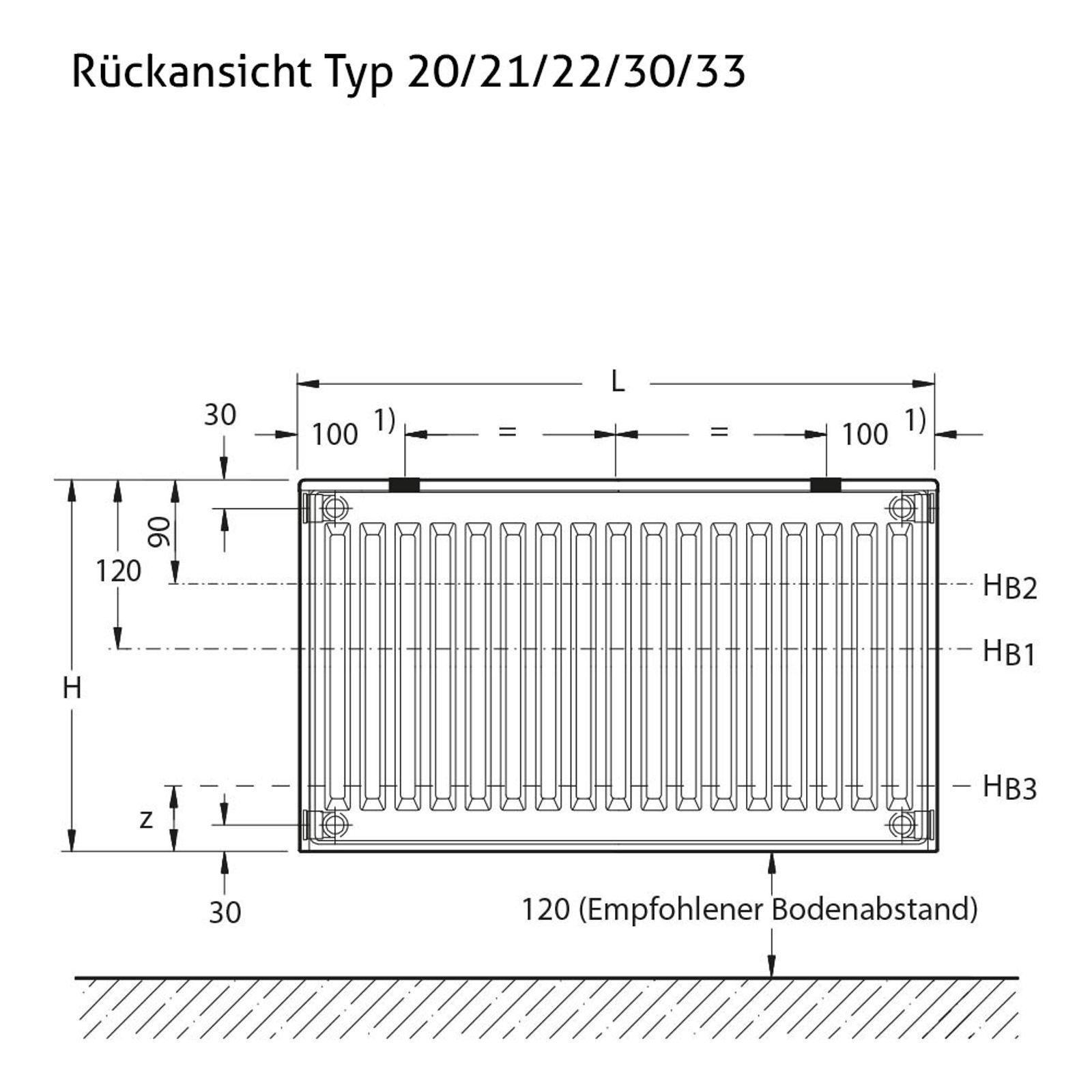 Flachheizkörper Buderus Logatrend, C-profiliert, Typ 22 mit Wandbefestigung 500 x 1200 mm (B-Ware)