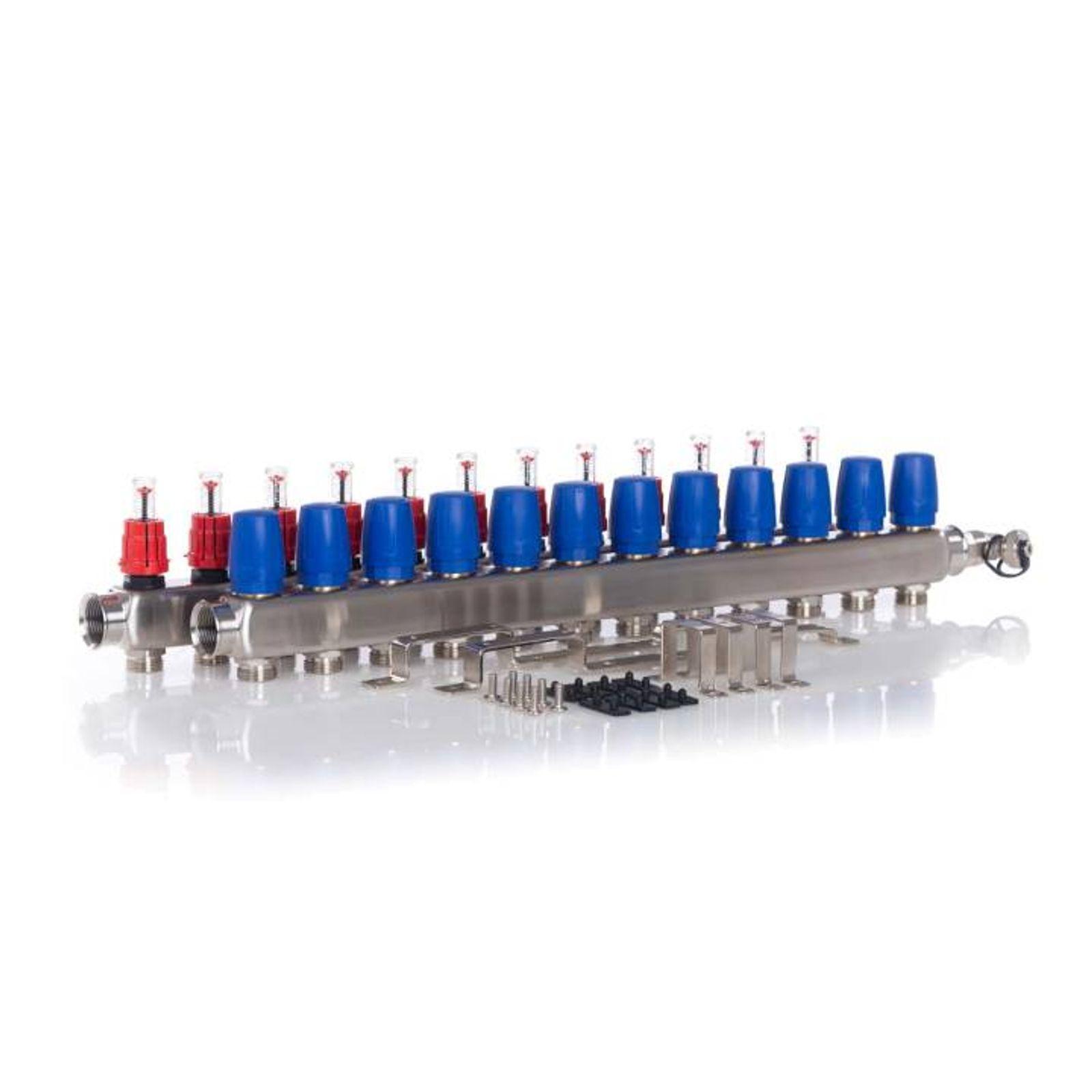 Heizkreisverteiler BASIC für Fußbodenheizung 12 Heizkreise mit Kugelhahn-Set