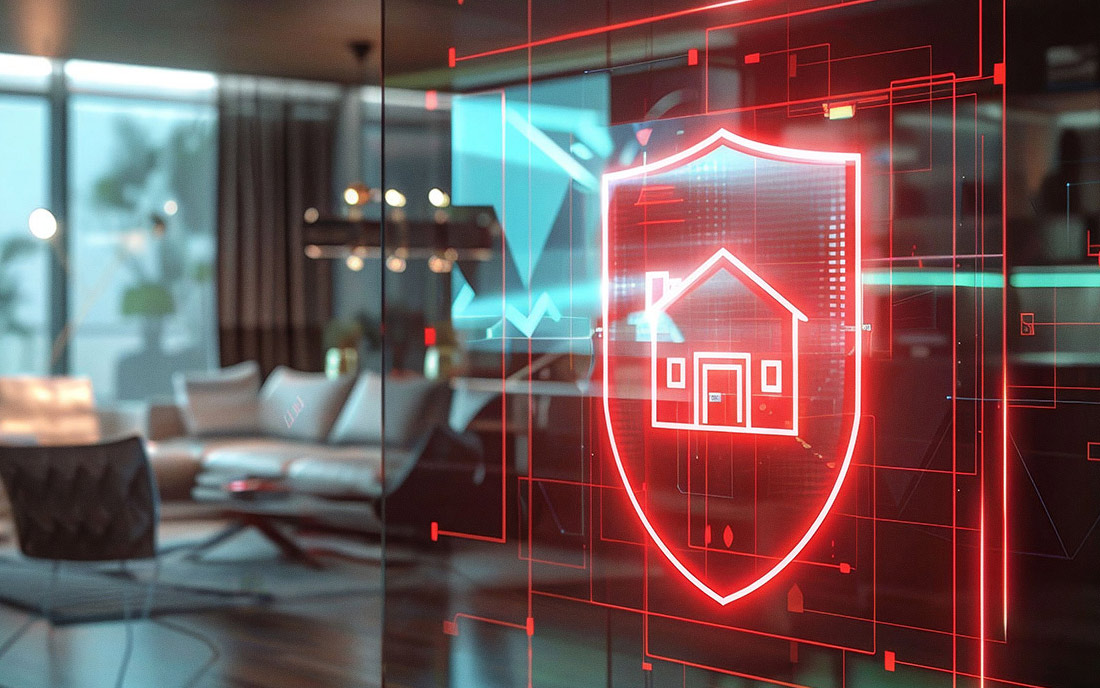 Mit KI generiert: Smart-Home-Sicherheit: digitales Schutzschild mit Haus-Symbol