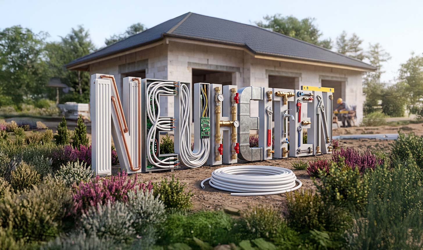 „NEUHEITEN"-Typografie aus Heizungs- und Sanitärkomponenten vor Neubau