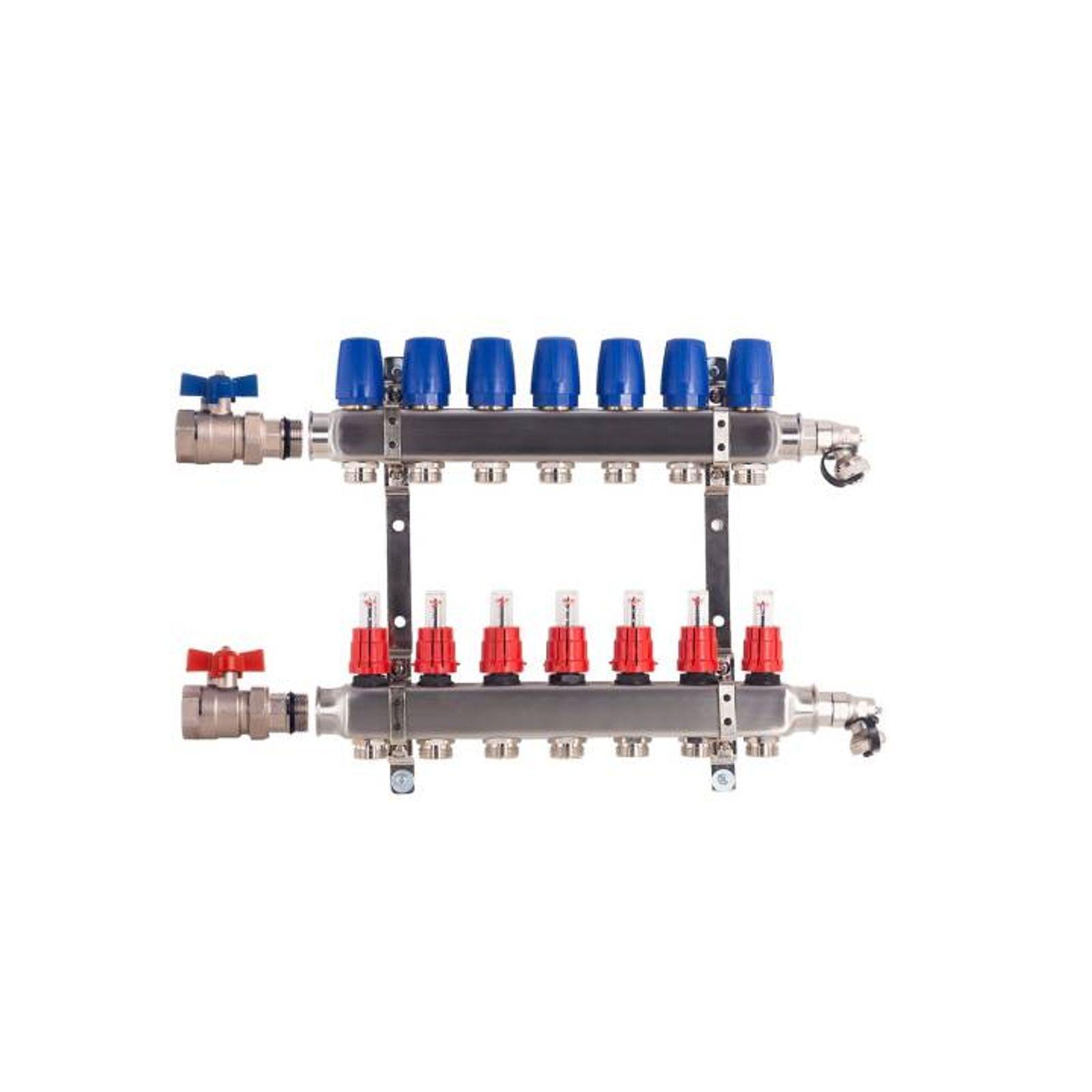 Heizkreisverteiler BASIC für Fußbodenheizung 7 Heizkreise mit Kugelhahn-Set