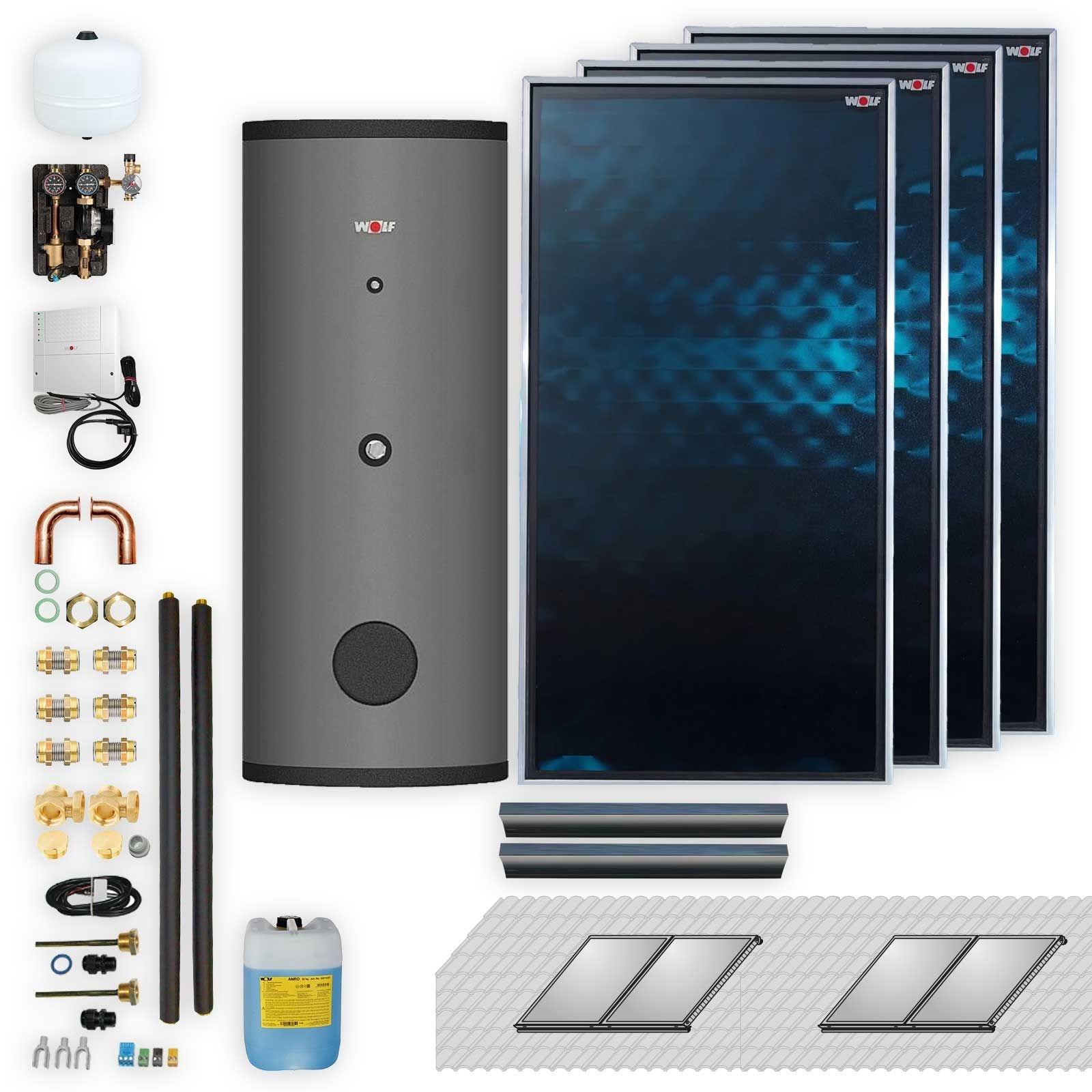 Wolf Solar-Paket 9,2 m² mit 4 Flachkollektoren CFK-1, SM2-2 Regelung, Solarspeicher SEM-1-500