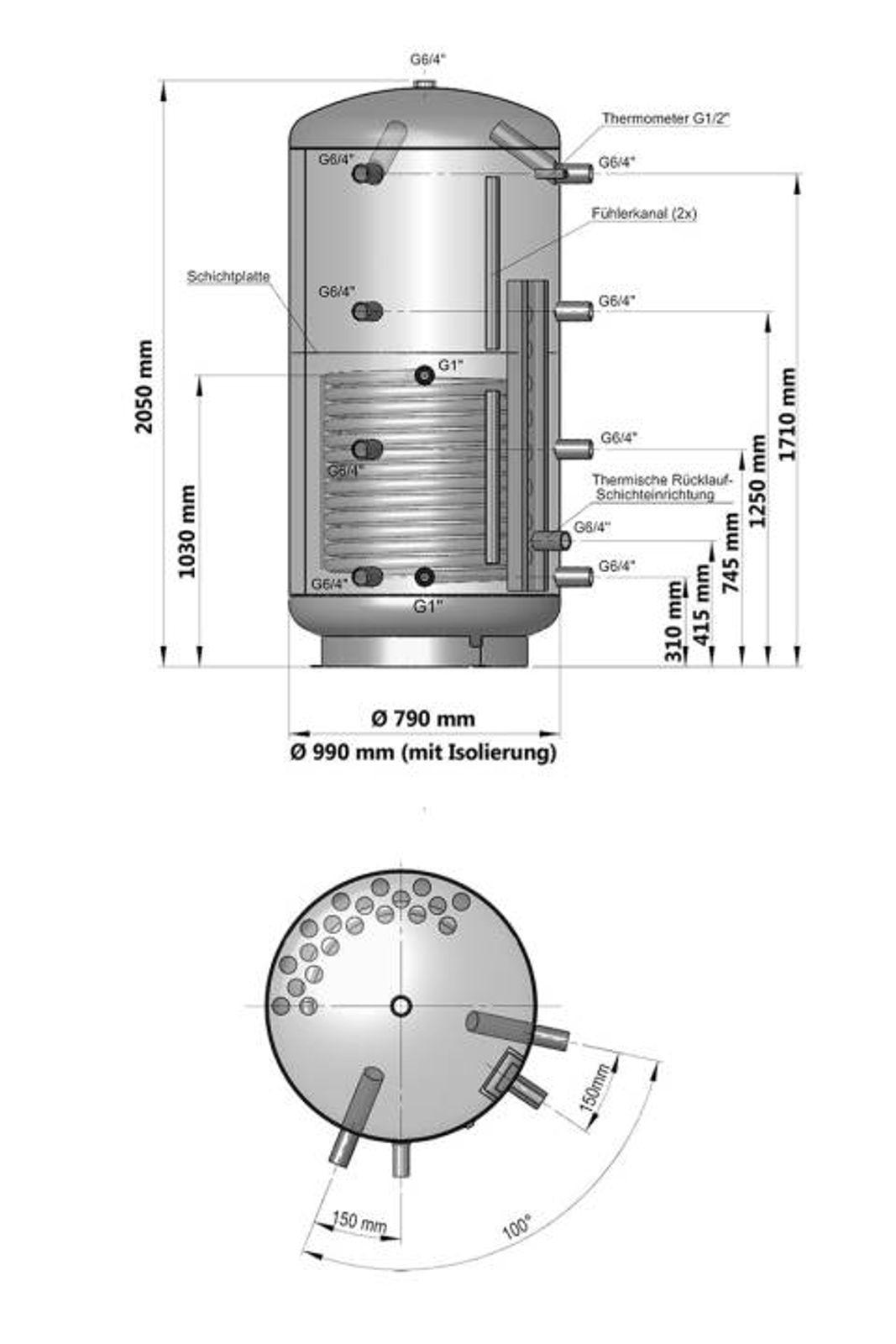 Schicht-Pufferspeicher PZR 1000 Liter mit einem Rohrregister und 100 mm Isolierung – Bild 4 von 6