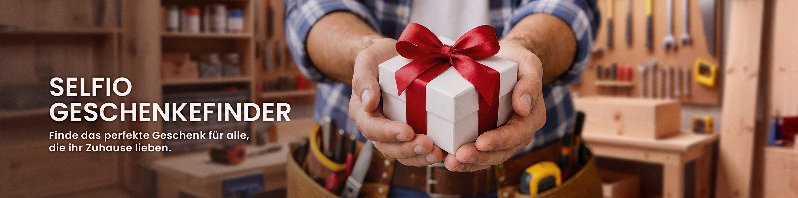 Mit KI generiert: Selfio Geschenkefinder - Handwerker überreicht Geschenkbox in Werkstatt