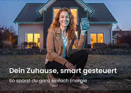 Mit KI generiert: Frau mit Smartphone vor ihrem Smart Home