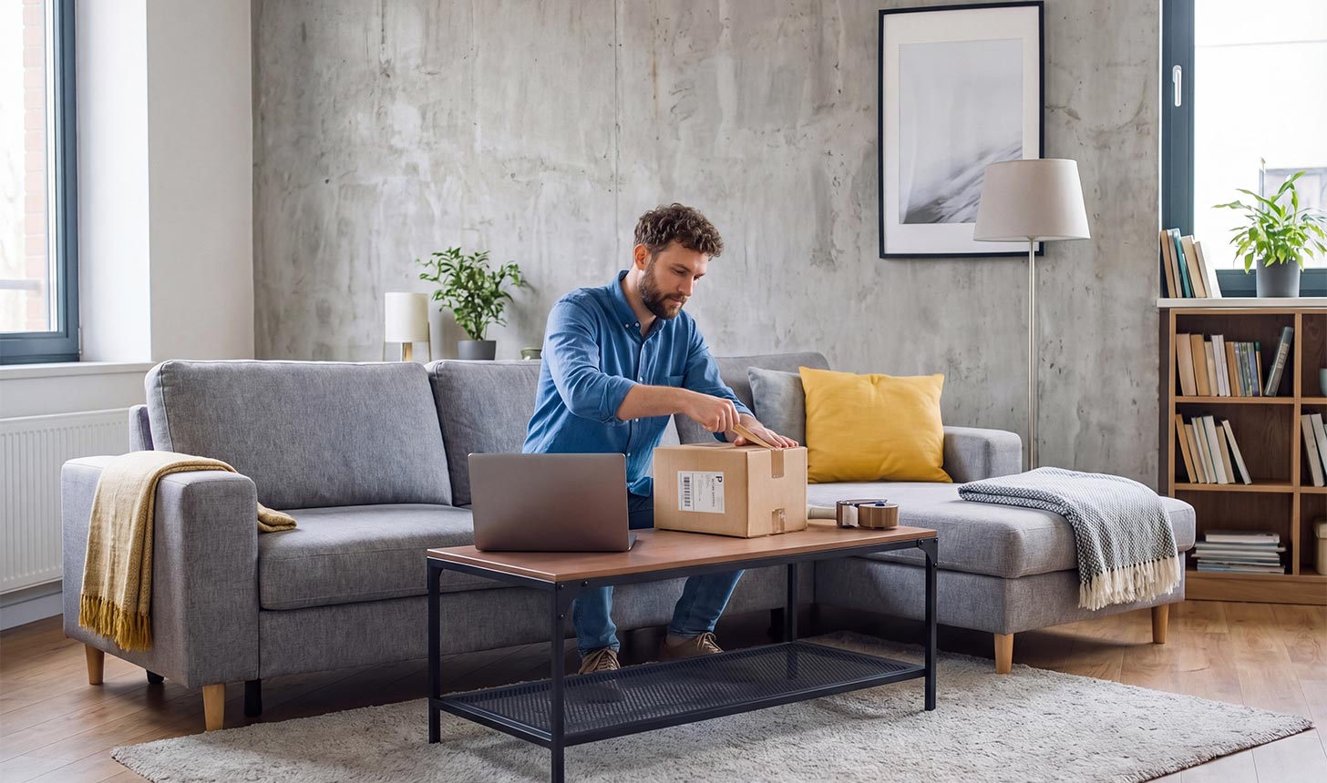Ein Mann sitzt auf einem Sofa. Vor ihm liegt en Paket, das er zuklebt.