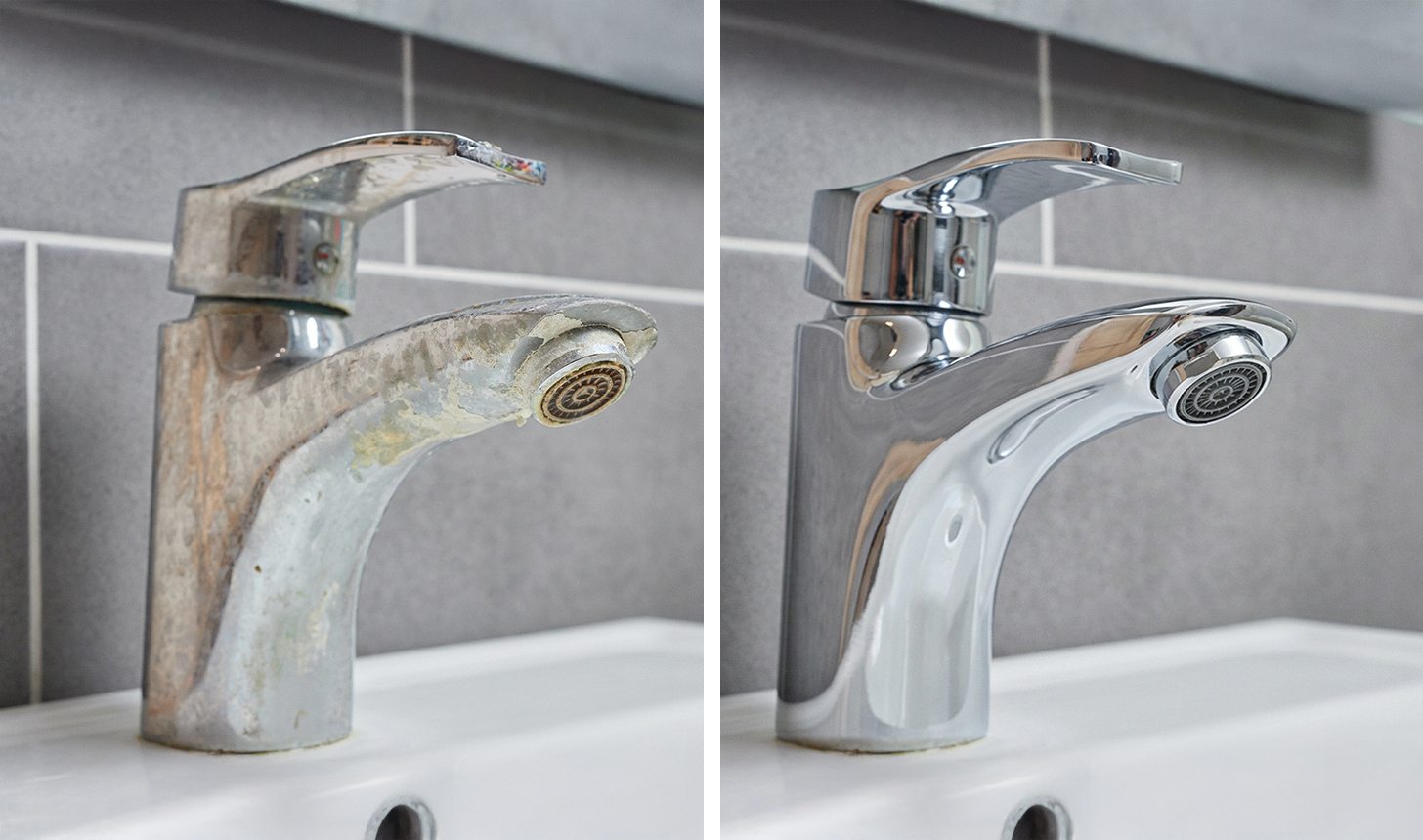 Vergleichsbild eines Wasserhahn mit Verkalkung und ohne