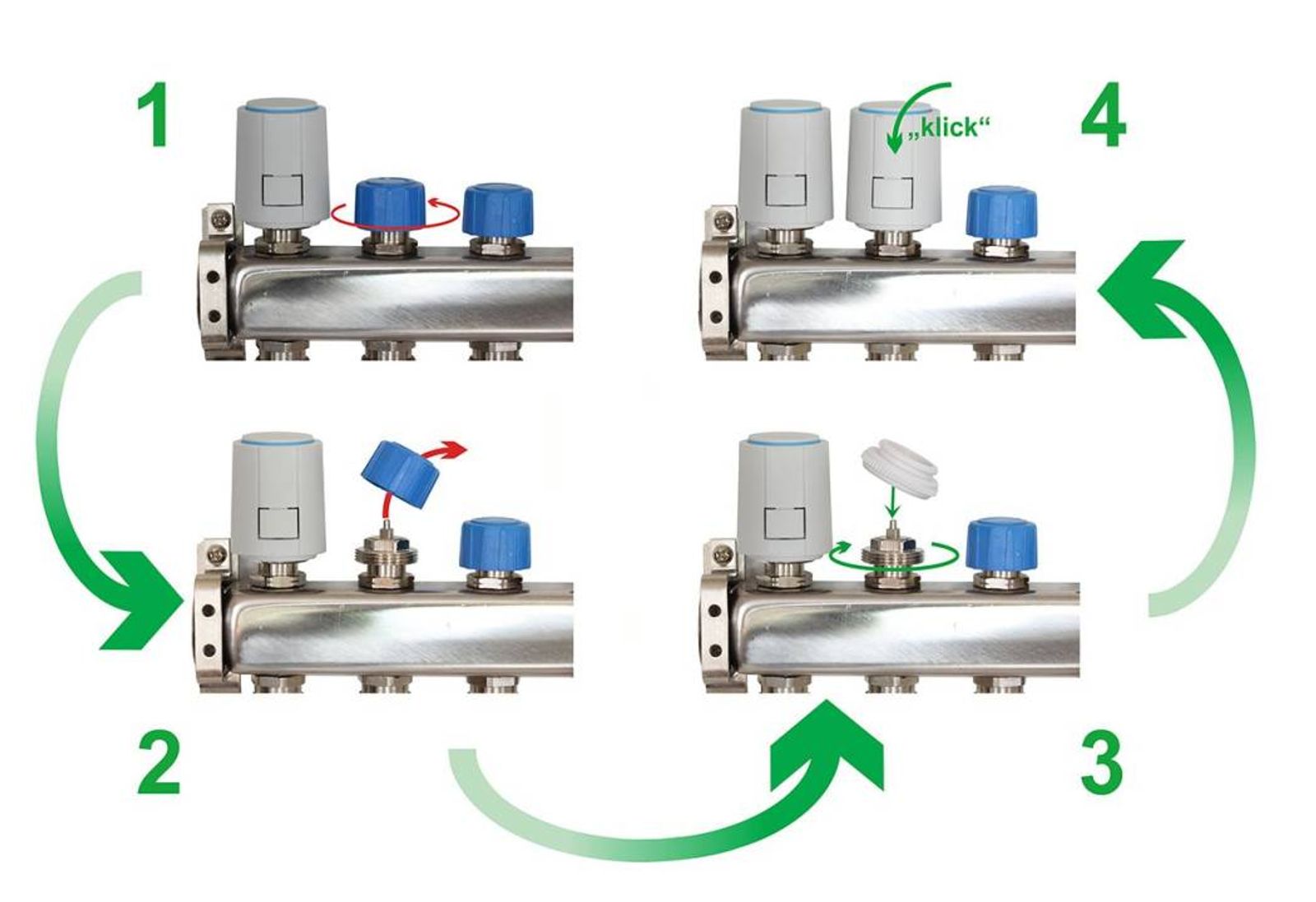 Stellantrieb Fußbodenheizung 24 V AC NC Alpha 5 Ventilanpassung VA50