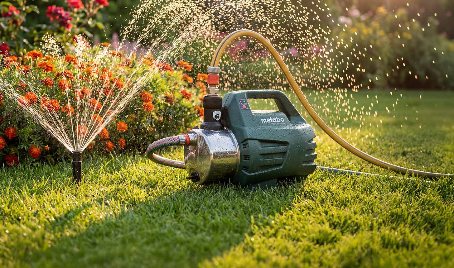 Teilweise mit KI bearbeitet: Metabo Gartenpumpe zur Regenwasser-Bewässerung mit Sprinkler im Garten