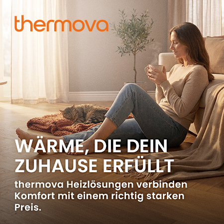 thermova Heizlösungen - Entspannte Frau in warmem, gemütlichem Wohnzimmer