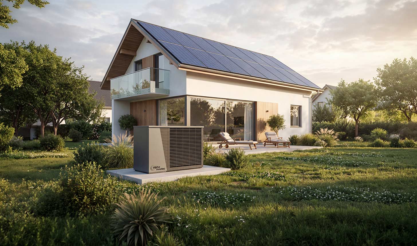 Teilweise mit KI bearbeitet: Wärmepumpe und Photovoltaik - alpha innotec Luft-Wärmepumpe am Einfamilienhaus