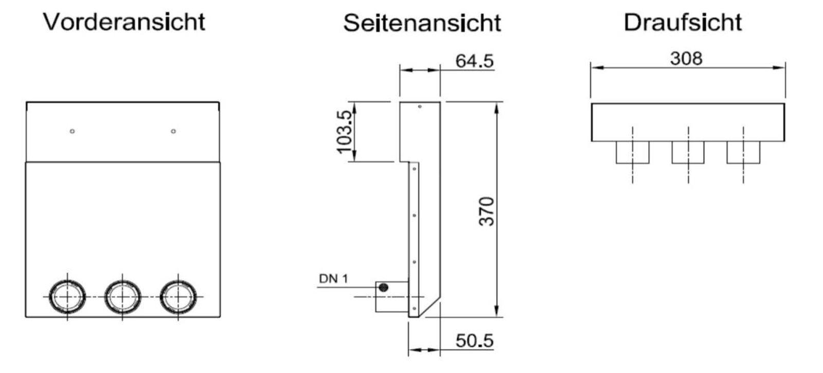 Luftanschlusskasten zur Montage der Zu- und Abluftgitter 3 Abgänge Ø 50 mm Wand 305 mm x 102 mm x 460 mm – Bild 2 von 2