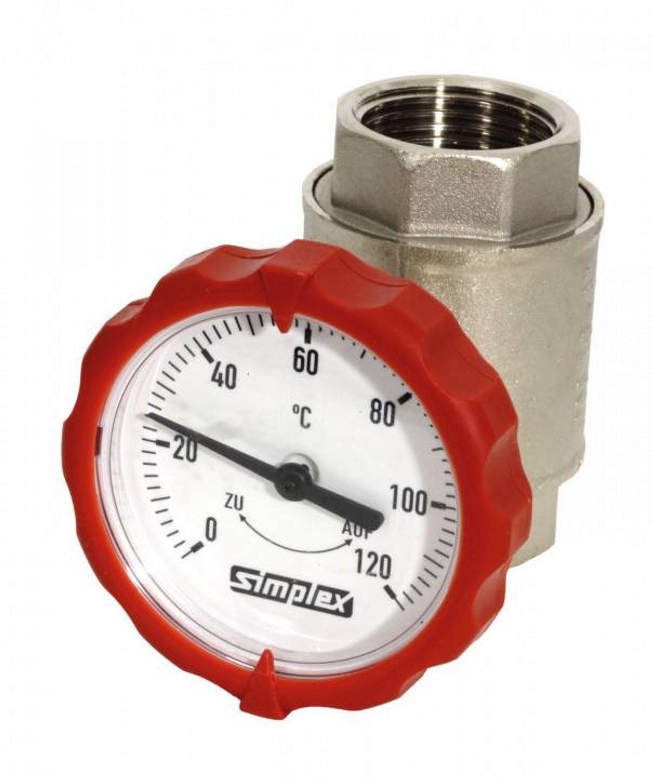 Muffen-Kugelhahn PN 16, G 1 Zoll mit rundem Thermometergriff (rot, Ø 63 mm)