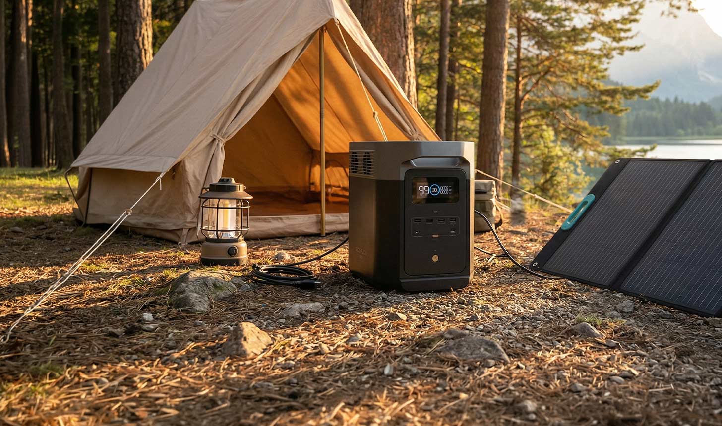 Teilweise mit KI bearbeitet: Tragbare Powerstation lädt per Solarpanel am Campingplatz