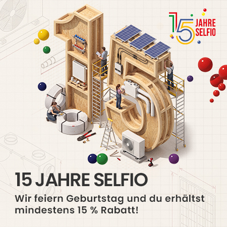 Jubiläums-Banner „15 Jahre Selfio" mit SHK-Baustellenszene und Rabatt-Hinweis