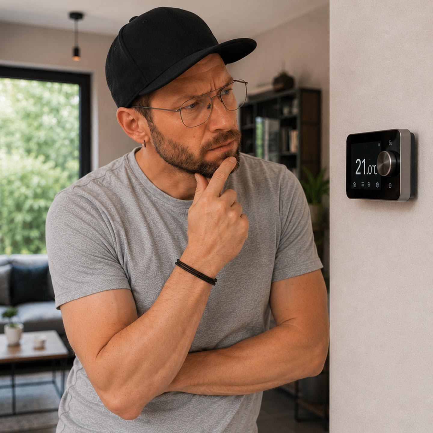 Mit KI generiert: Mann steht am Thermostat