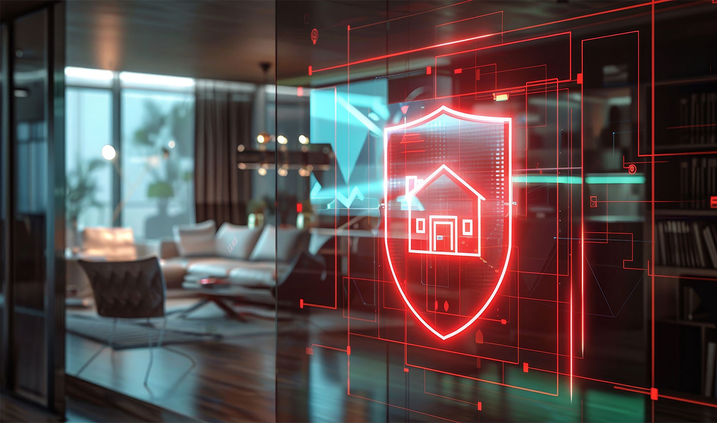 Smart-Home-Sicherheit: digitales Schutzschild mit Haus-Symbol
