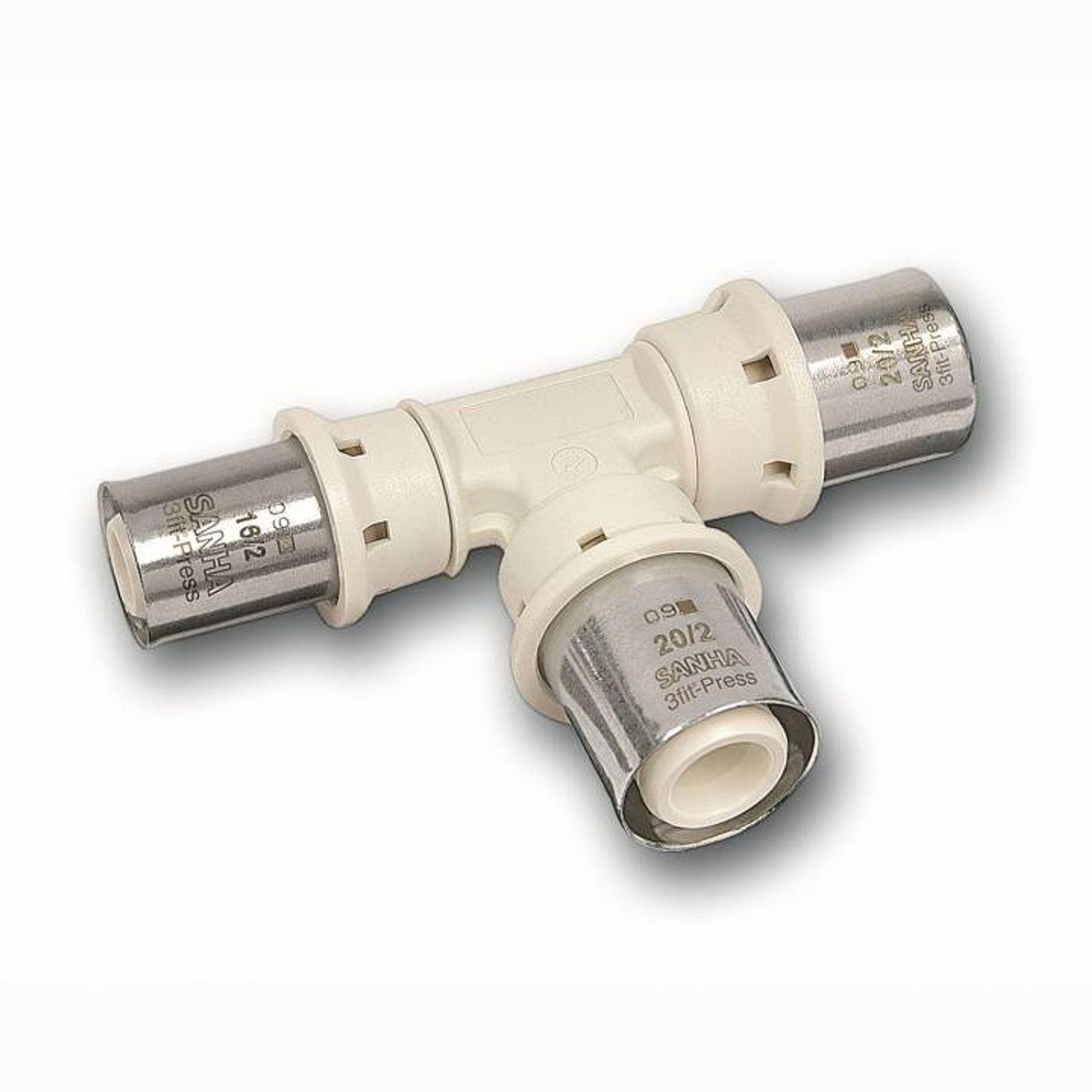 Aluverbund Pressfitting SANHA PPSU T-Stück Mittelabgang reduziert 26 x 3 - 16 x 2 - 26 x 3 Multikontur DVGW