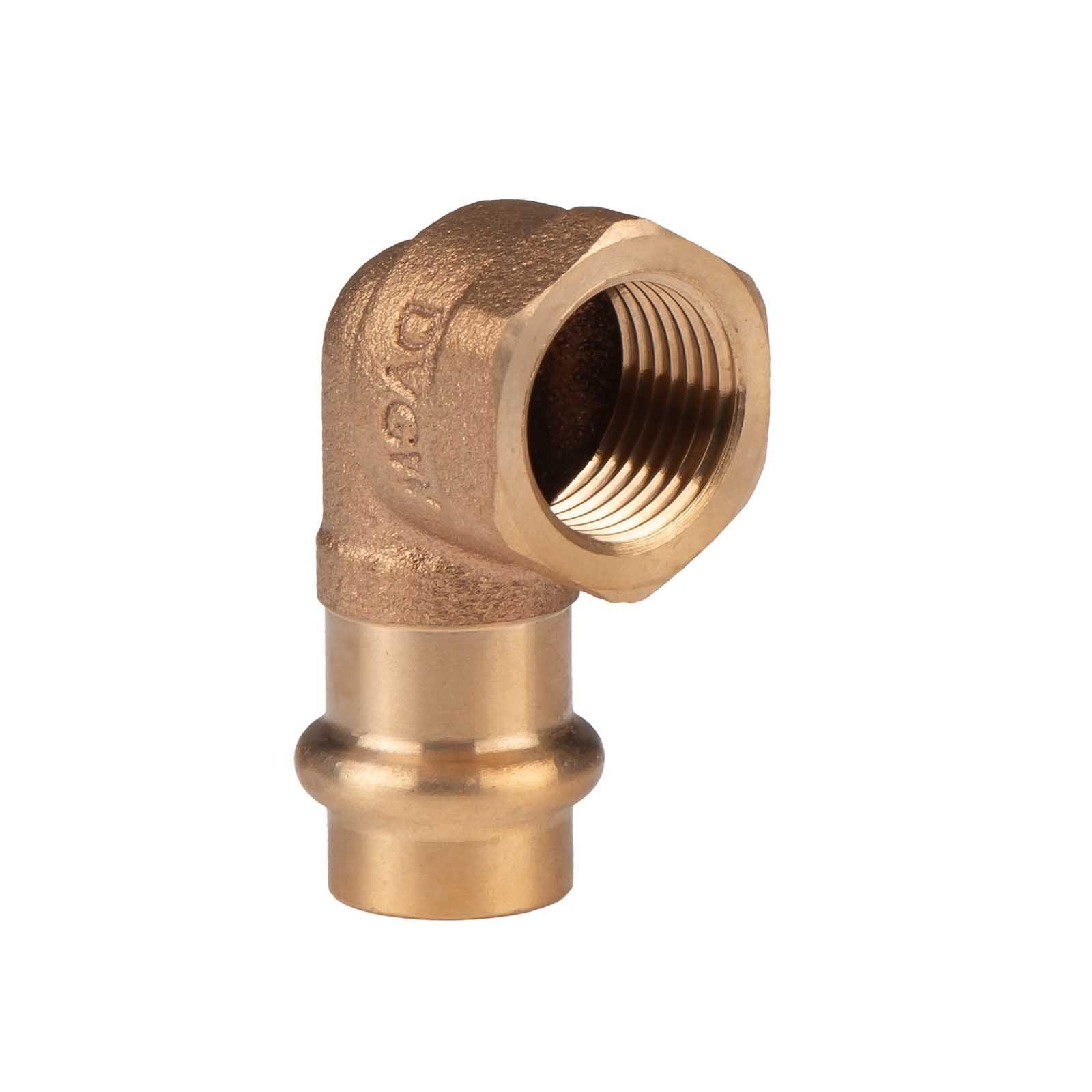 Kupfer Pressfitting Winkel 90° aus Rotguss 15 mm - 1/2" IG V+M-Kontur DVGW