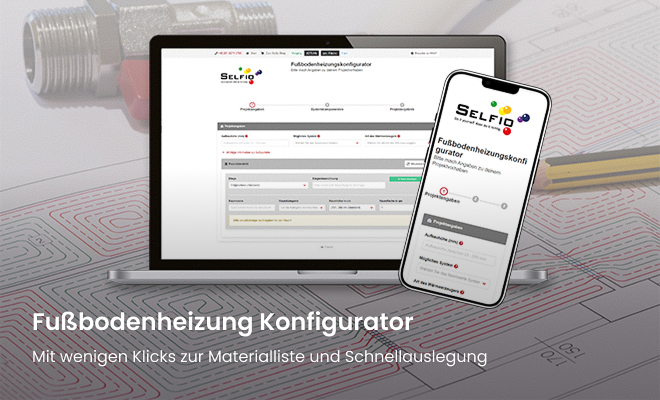 Selfio Fußbodenheizungskonfigurator auf Laptop und Smartphone – Materialliste per Klick