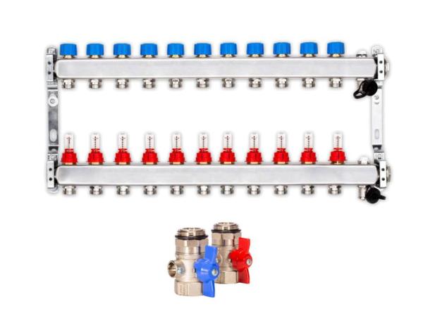 Heizkreisverteiler PREMIUM 11-fach mit Durchflussmesser und Kugelhahn-Set