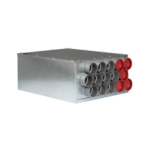 Luftverteiler 15x DN75 für Kunststoff-Flexkanal mit Schalldämpfer DN180, Abbildung mit fünf roten Deckeln von Selfio