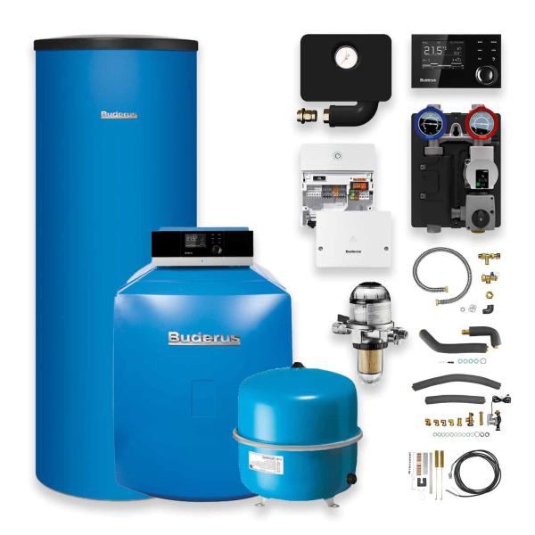 Buderus Logaplus GB125 Öl-Brennwert 30 kW Heizungspaket K32/2 mit Regelung RC310 Warmwasserspeicher SU200/5 200 l mit Mischer