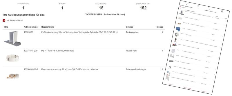 Selfio Fußbodenheizung Konfigurator Materialliste erhalten 