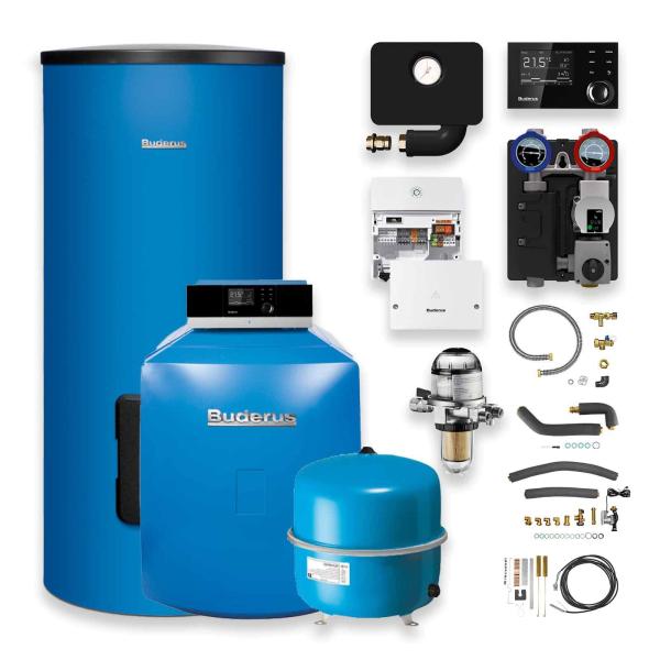 Buderus Logaplus GB125 Öl-Brennwert 35 kW Heizungspaket K32/2 mit Regelung RC310 Warmwasserspeicher SU300/5 300 l mit Mischer