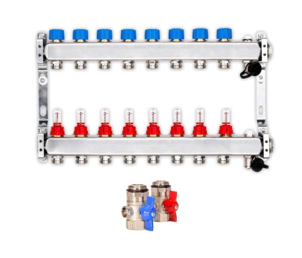 Heizkreisverteiler PREMIUM 8-fach mit Durchflussmesser und Kugelhahn-Set