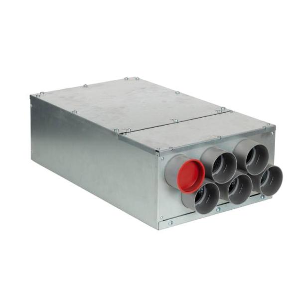 6-fach Luftverteiler mit integriertem Schalldämpfer für DN 75 Kunststoff-Flexkanal Anschluss DN 150