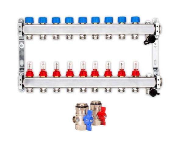 Heizkreisverteiler PREMIUM 9-fach mit Durchflussmesser und Kugelhahn-Set