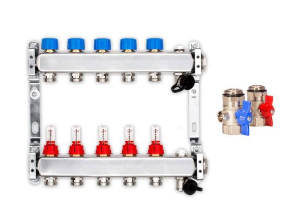 Heizkreisverteiler PREMIUM 5-fach mit Durchflussmesser und Kugelhahn-Set