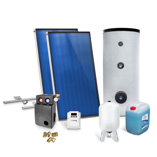 Solar-Paket für Brauchwasser 2x AMP 2.0 Flachkollektor 4,02 qm 300 Liter Solar-Brauchwasserspeicher Schrägdachmontage
