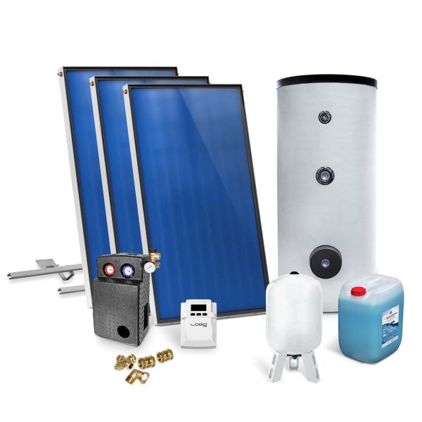 Solar-Paket für Brauchwasser 3x AMP 2.0 Flachkollektor 6,03 qm 400 Liter Solar-Brauchwasserspeicher Schrägdachmontage
