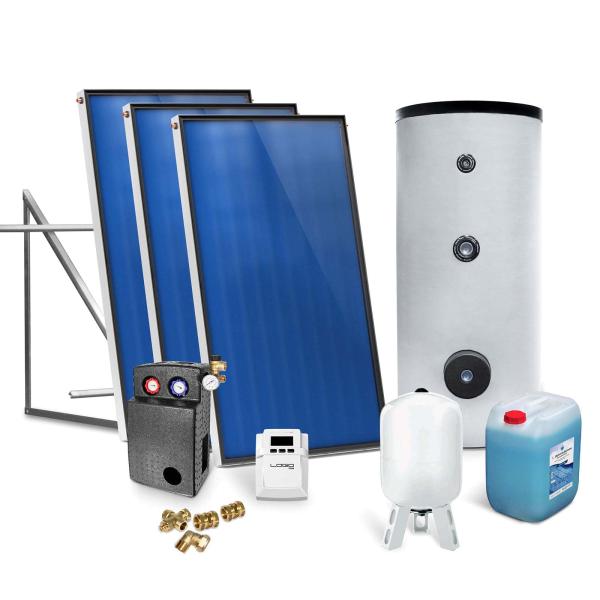 Solar-Paket für Brauchwasser 3x AMP 2.0 Flachkollektor 6,03 qm 400 Liter Solar-Brauchwasserspeicher Flachdachmontage