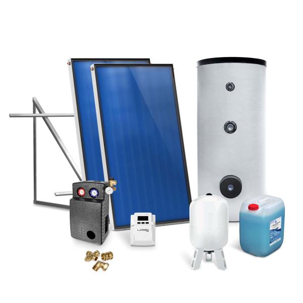 Solar-Paket für Brauchwasser 2x AMP 2.0 Flachkollektor 4,02 qm 300 Liter Solar-Brauchwasserspeicher Flachdachmontage